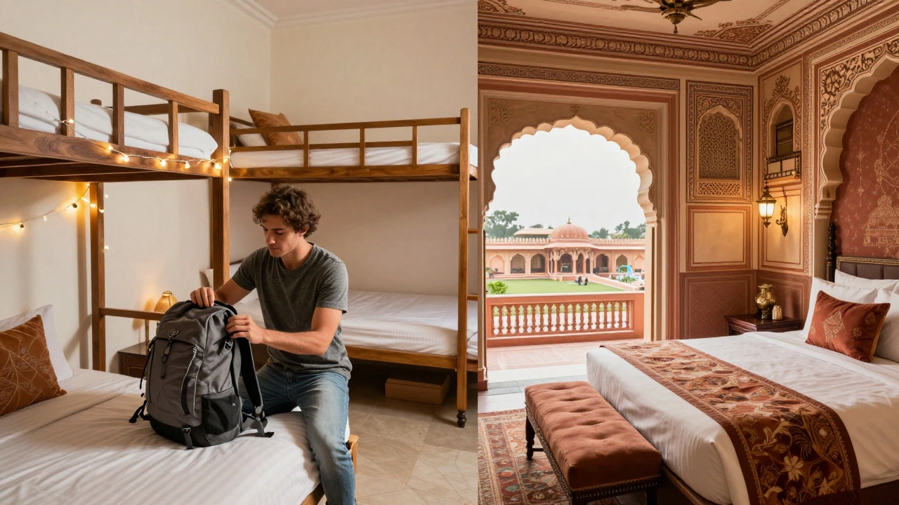 Contrast between a budget hostel dorm and a luxurious heritage hotel room in India