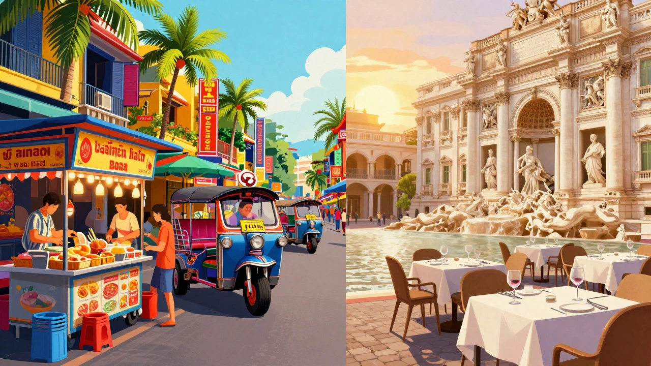 Contrast between budget Asian and luxury European trips