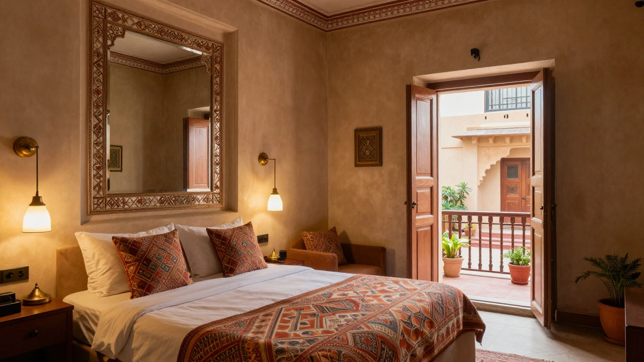 Cozy mid-range boutique hotel room with traditional Indian decor