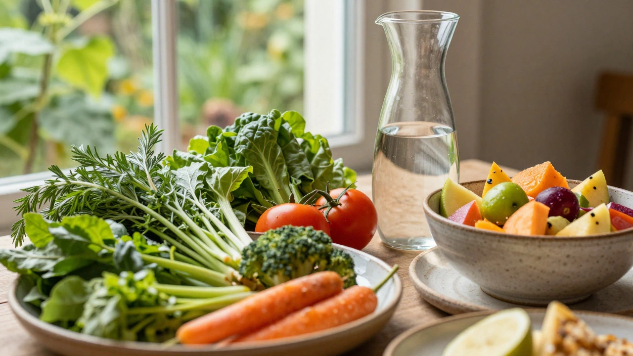 Farm-to-table breakfast with fresh organic produce and glass water carafe