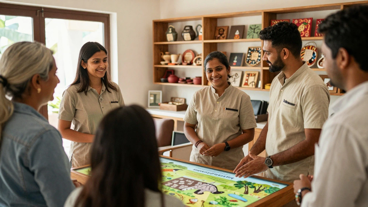 Hotel staff educating guests about local conservation and artisan crafts
