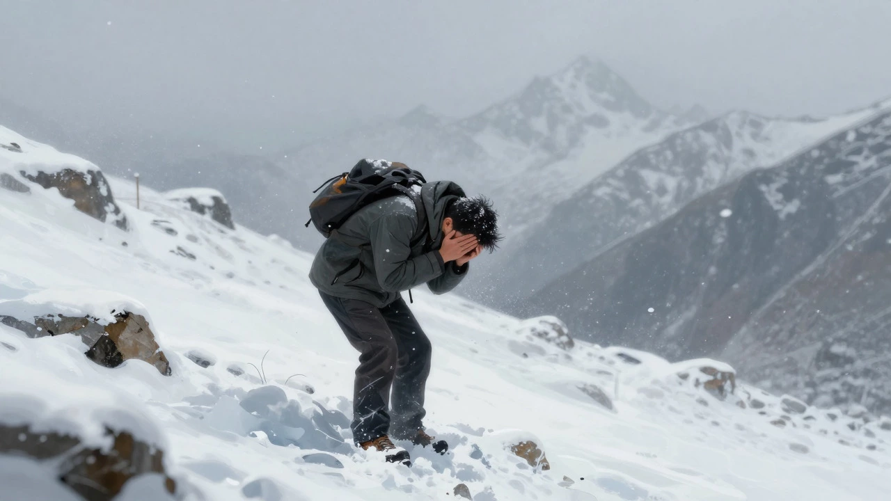Lone hiker suffering from altitude sickness on snowy mountain pass
