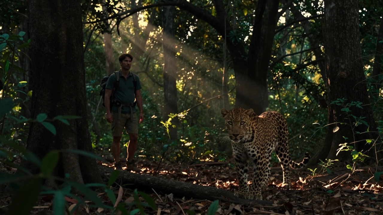 Tense standoff between hiker and leopard in dense Indian forest