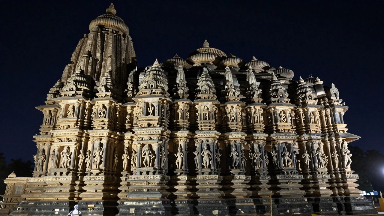 The intricately carved Khajuraho Temples illuminated at night, highlighting their spiritual architecture.