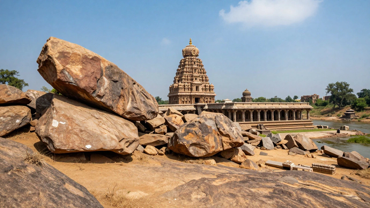 The rugged, boulder-strewn landscape of the Hampi ruins with ancient temples.