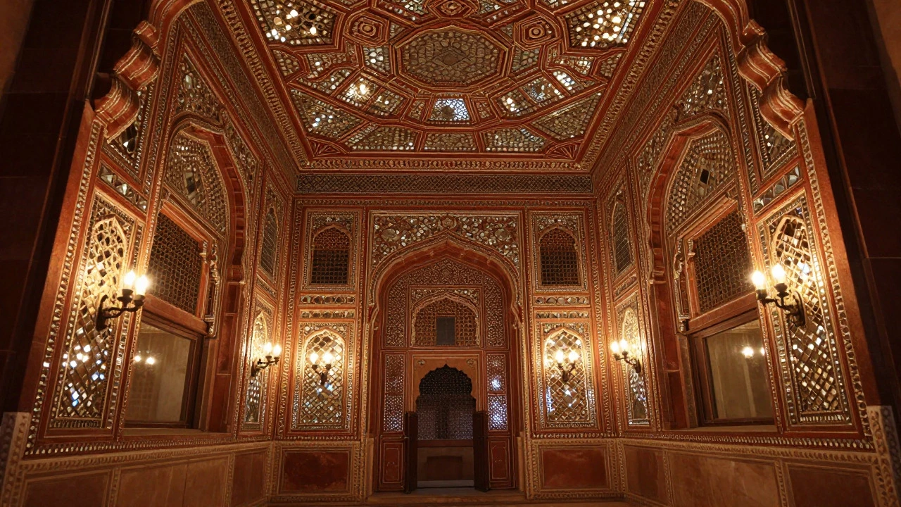 The sparkling, mirror-adorned interior of the Sheesh Mahal at Amber Fort.