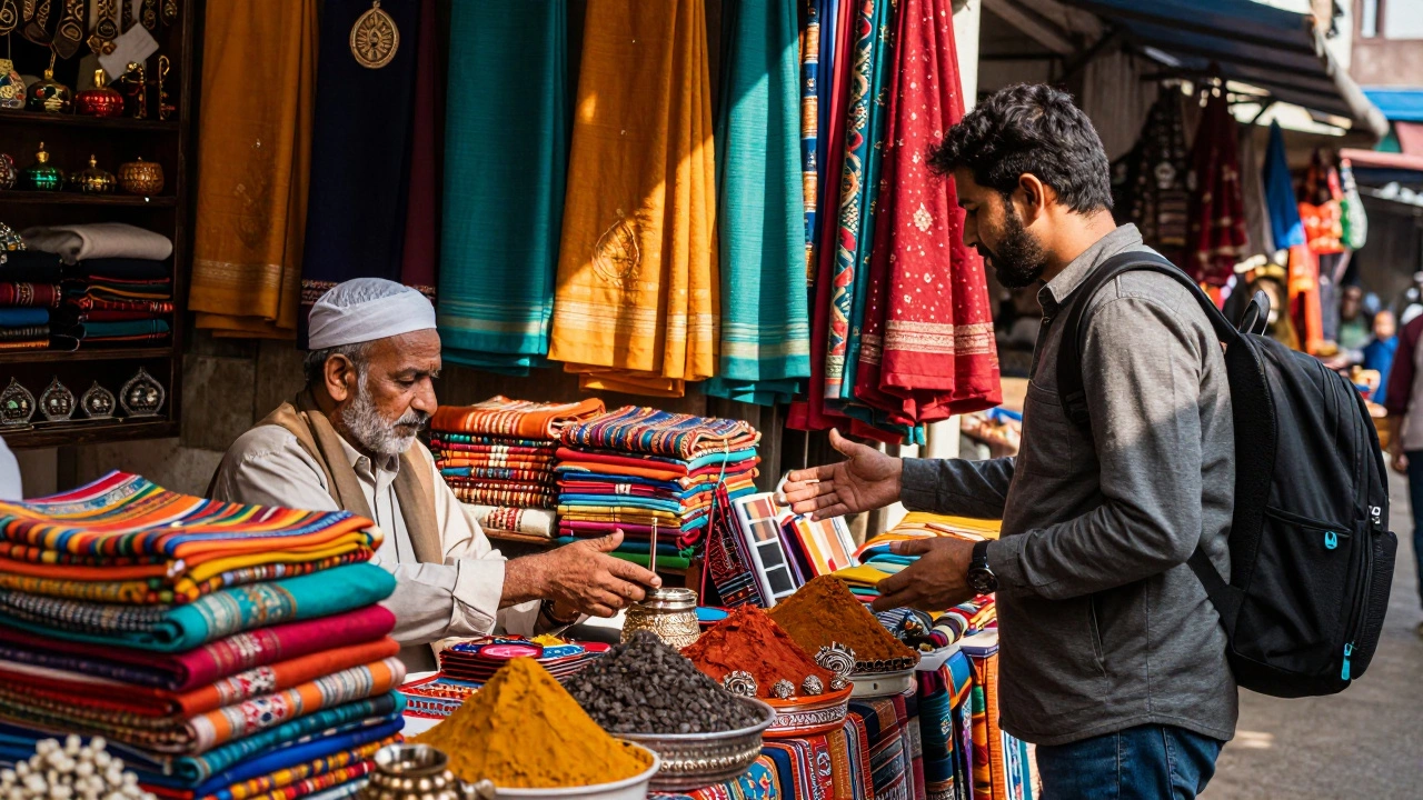 Traveler bargaining for souvenirs and textiles with a merchant in an Indian bazaar