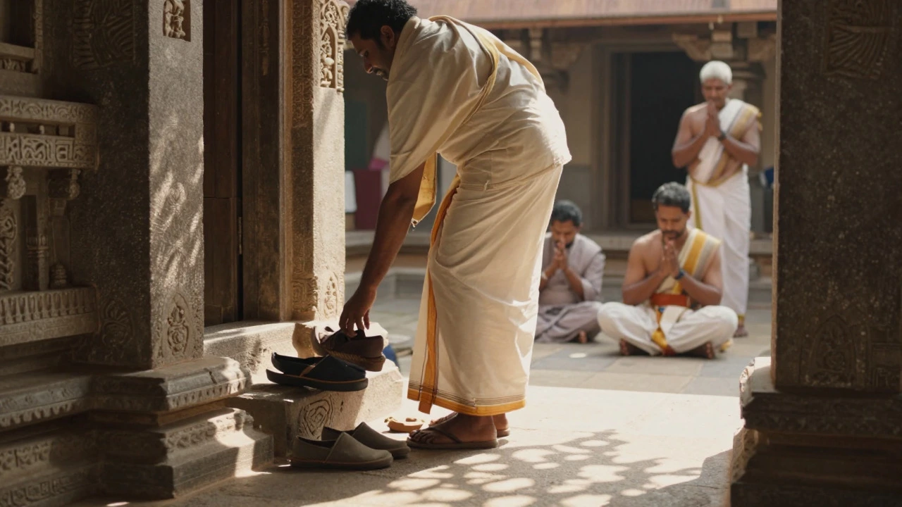 Traveler removing shoes at a traditional South Indian temple