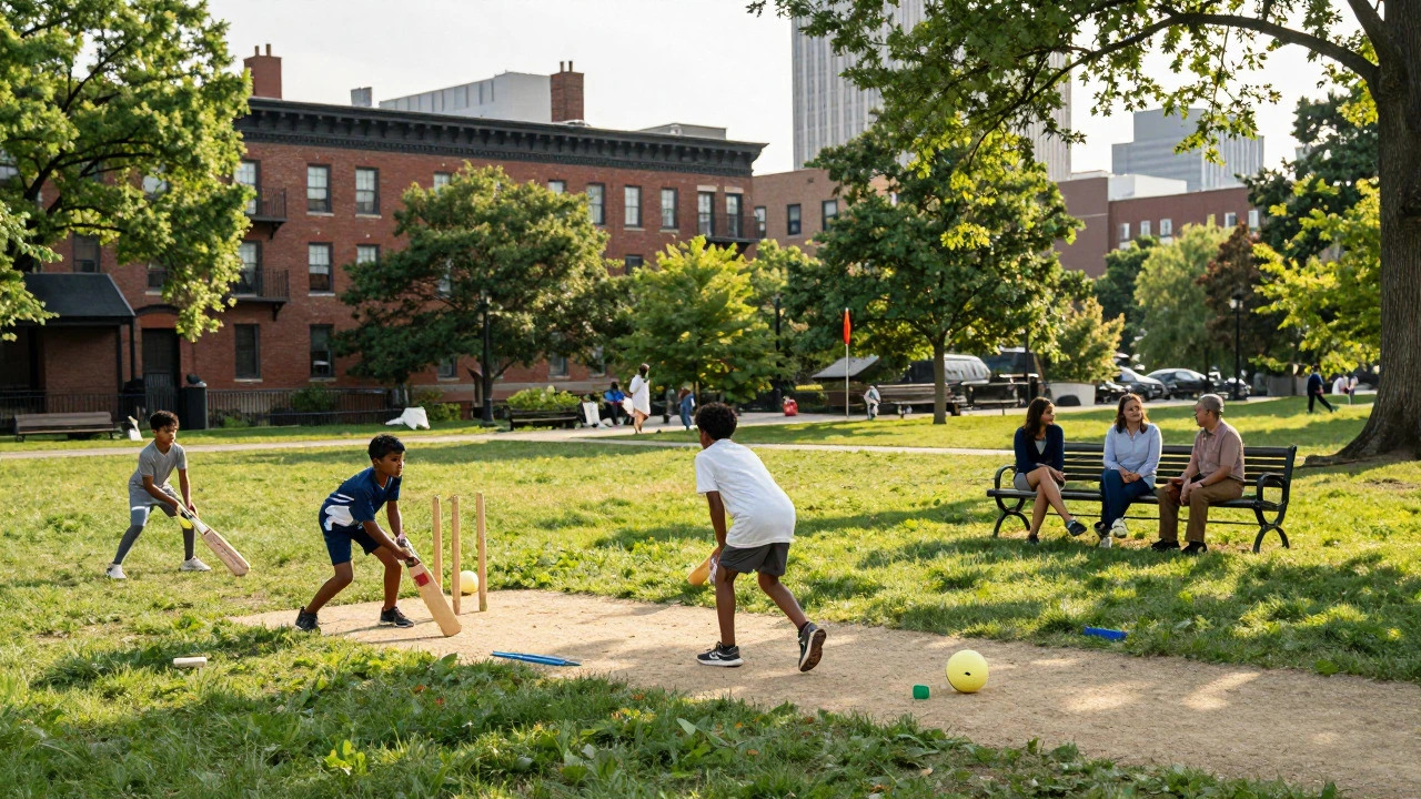 Children playing cricket in J. Owen Grundy Park with city buildings in the distance