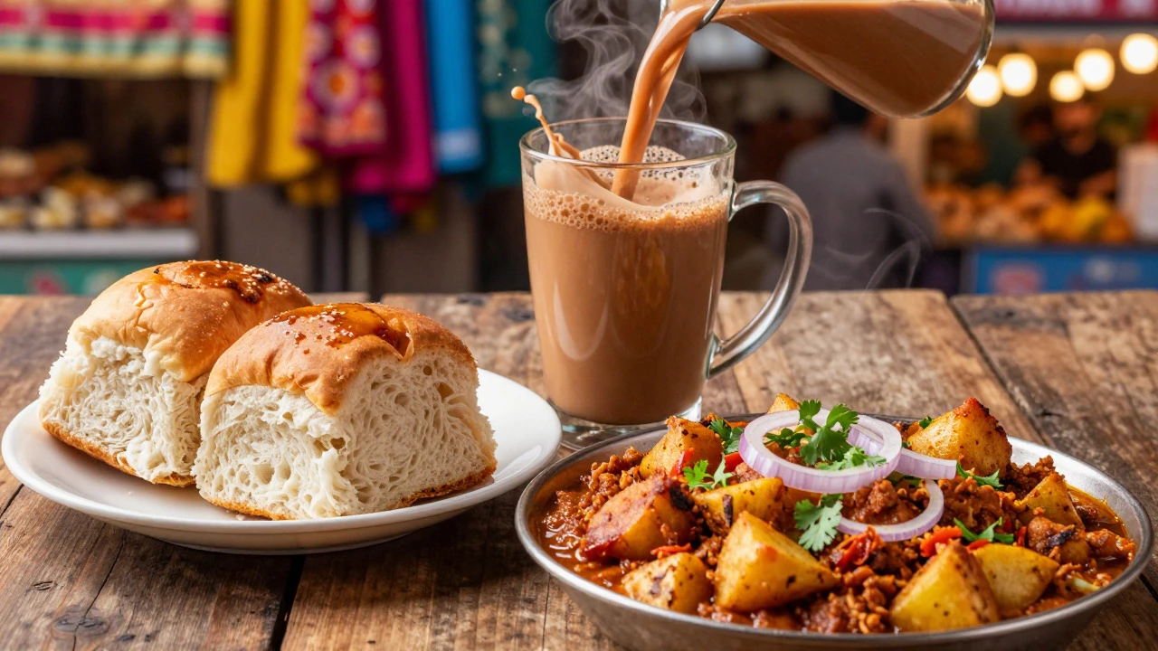 Close-up of Vada Pav, Pav Bhaji, and chai on a table