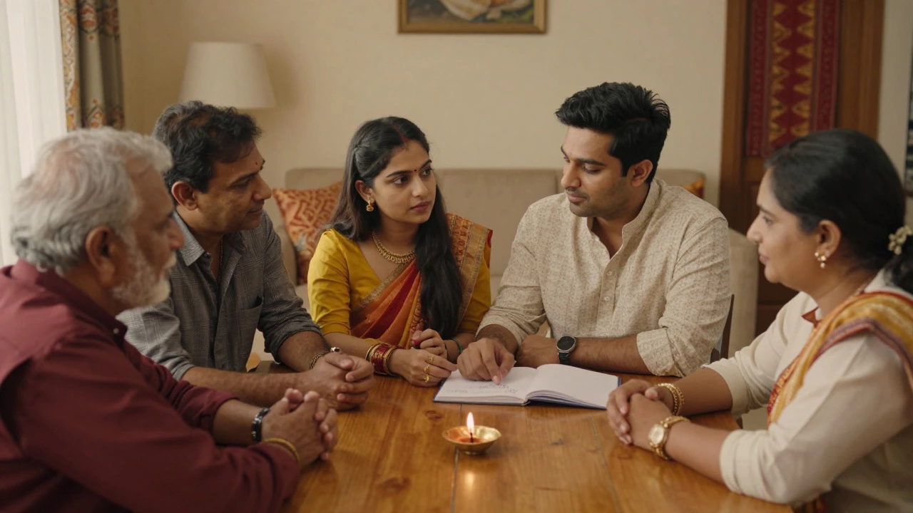 Family discussing wedding costs openly around a table