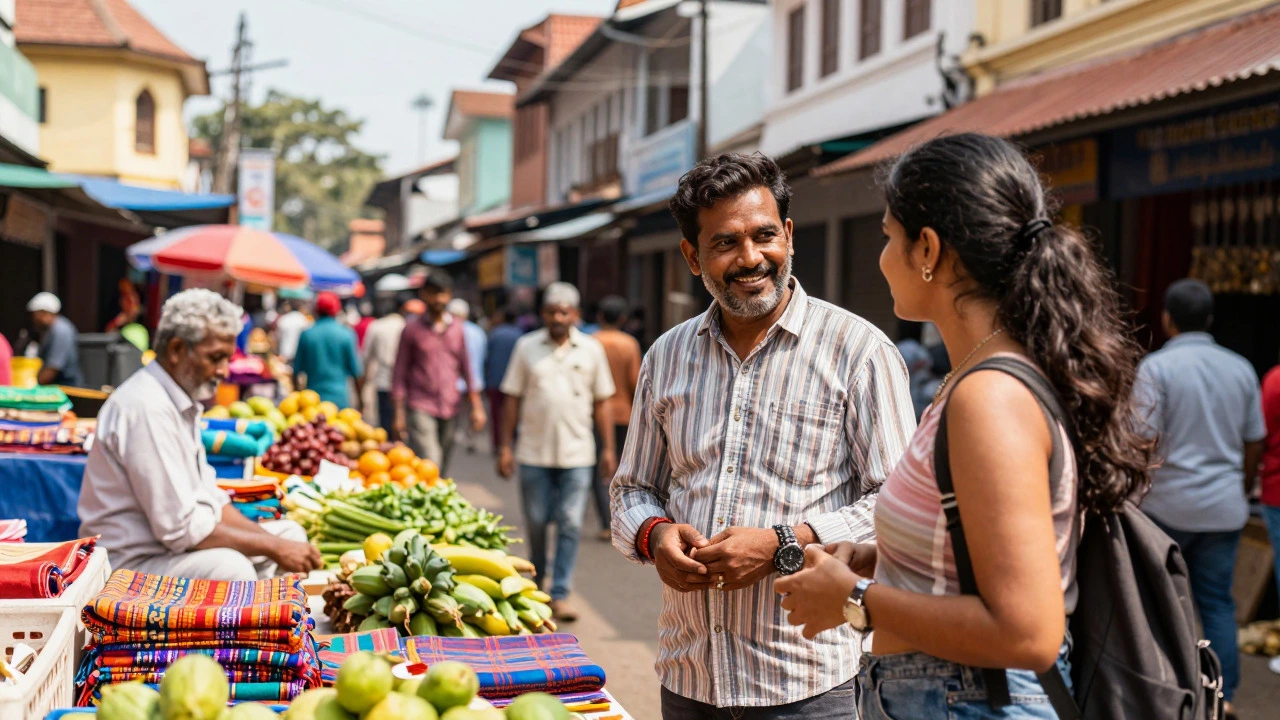 Friendly interaction between a local vendor and a tourist in a vibrant Kochi market