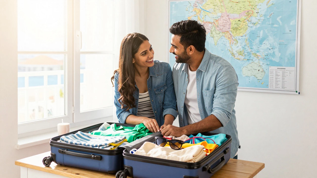 Happy couple packing luggage for their honeymoon trip