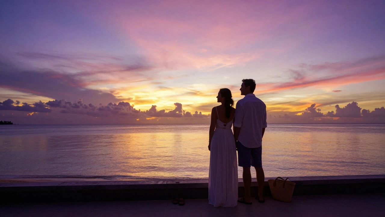 Newlyweds enjoying a sunset view from a tropical beach balcony