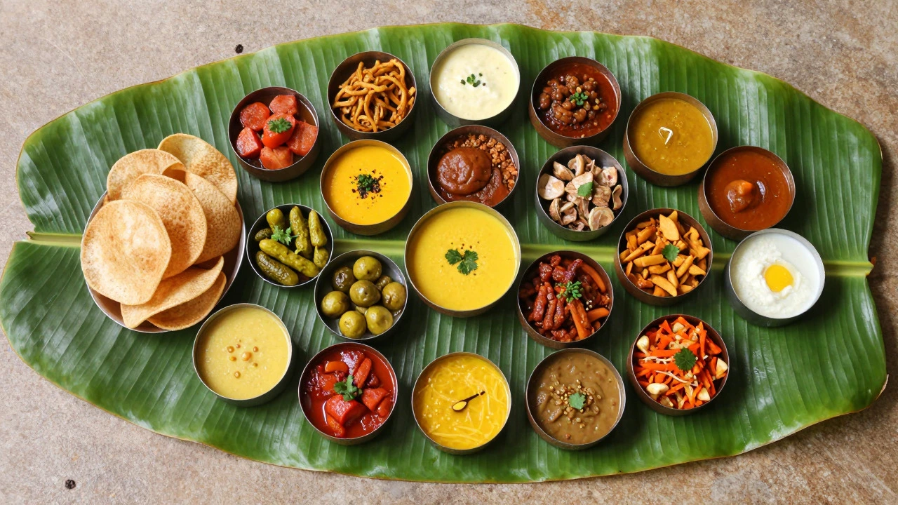 Overhead view of elaborate festive Sadya feast on a large banana leaf