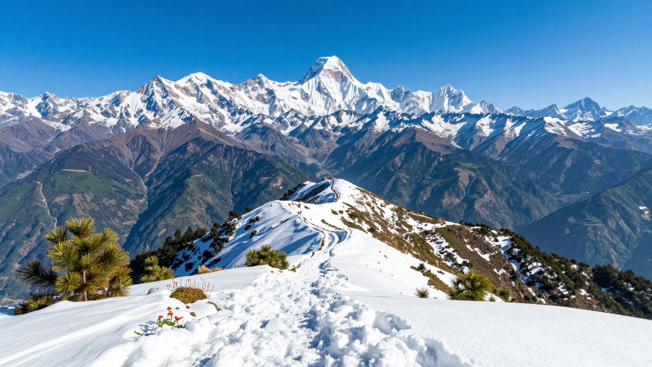 Panoramic view of snow-capped Himalayan peaks from the Kedarkantha summit