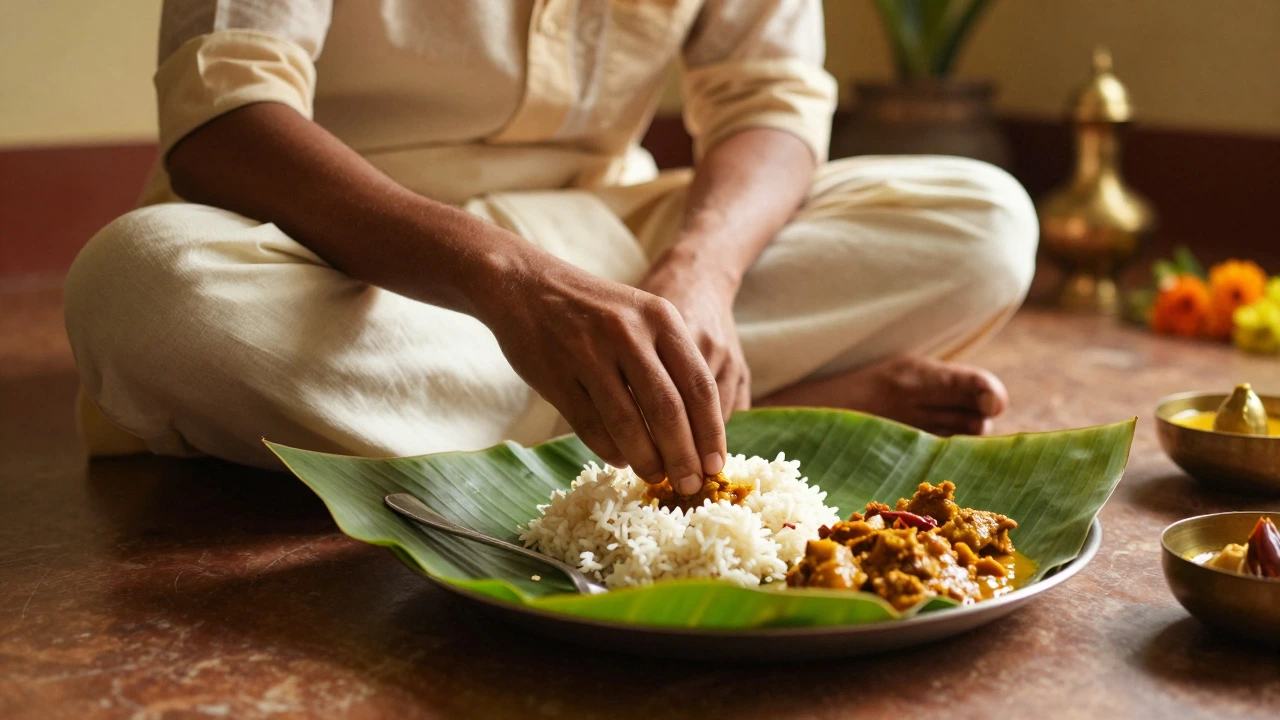 Person eating traditional Sadya lunch with hands on a banana leaf