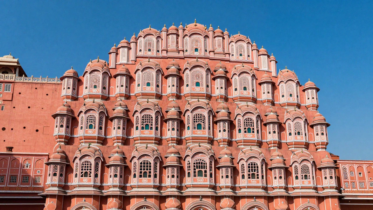 Pink facade of Hawa Mahal palace in Jaipur against blue sky