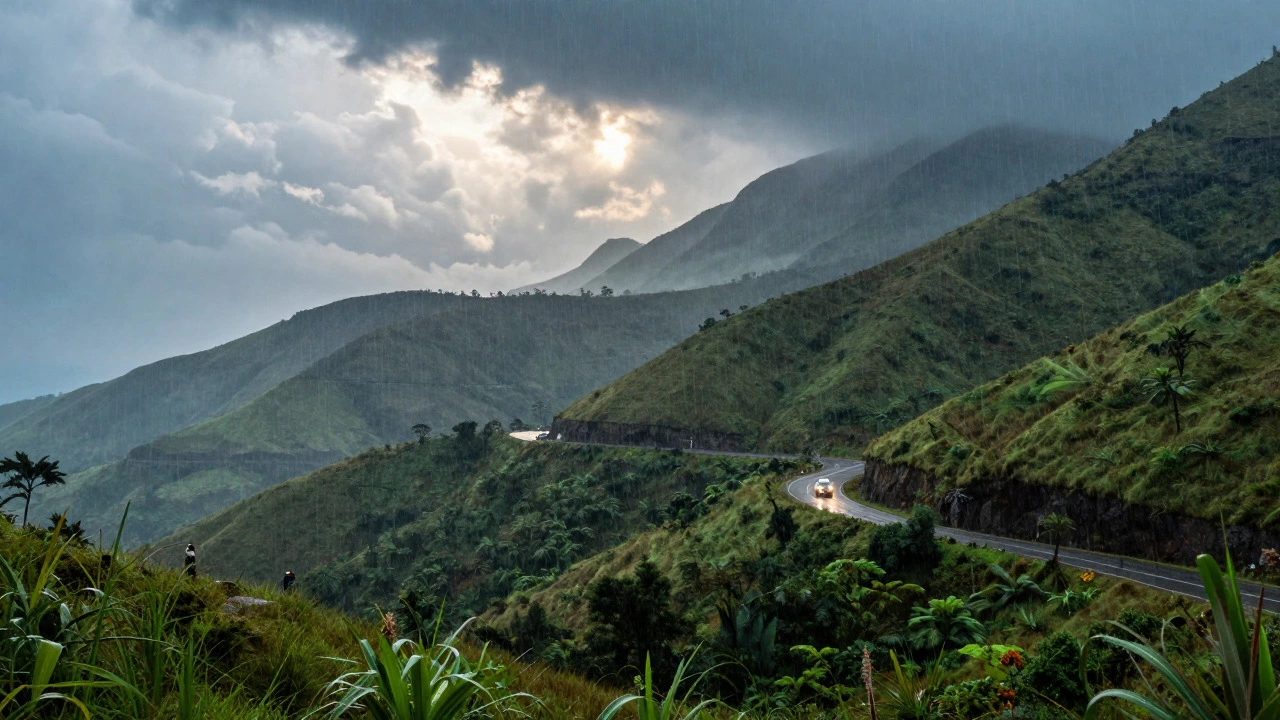 Rainy mountain landscape in the Western Ghats with a car driving on a wet road