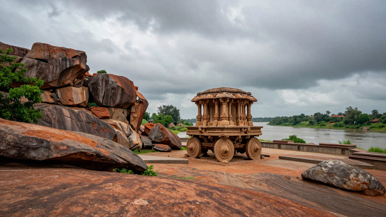 Stone chariot ruin amidst giant boulders in Hampi archaeological site