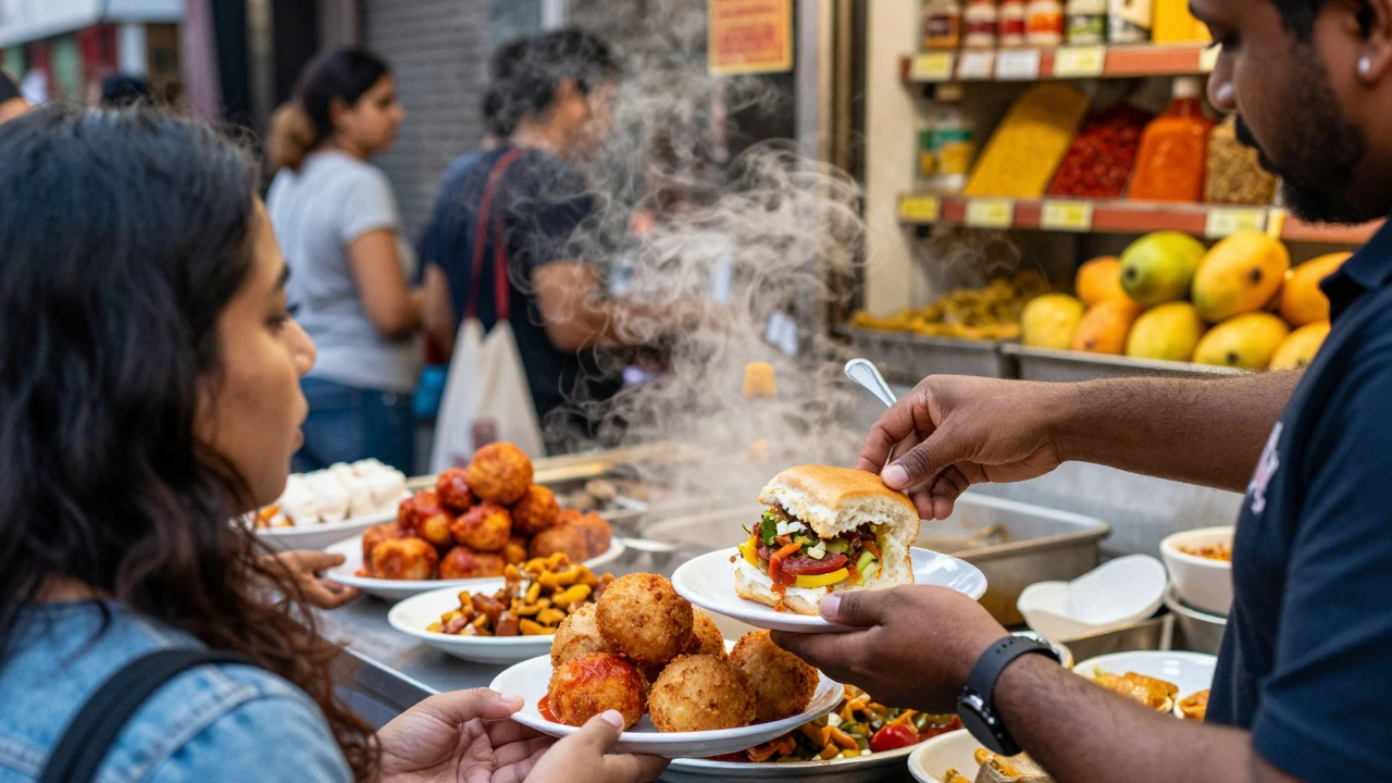 Street food vendor serving Indian snacks to customers on a busy Jersey City sidewalk