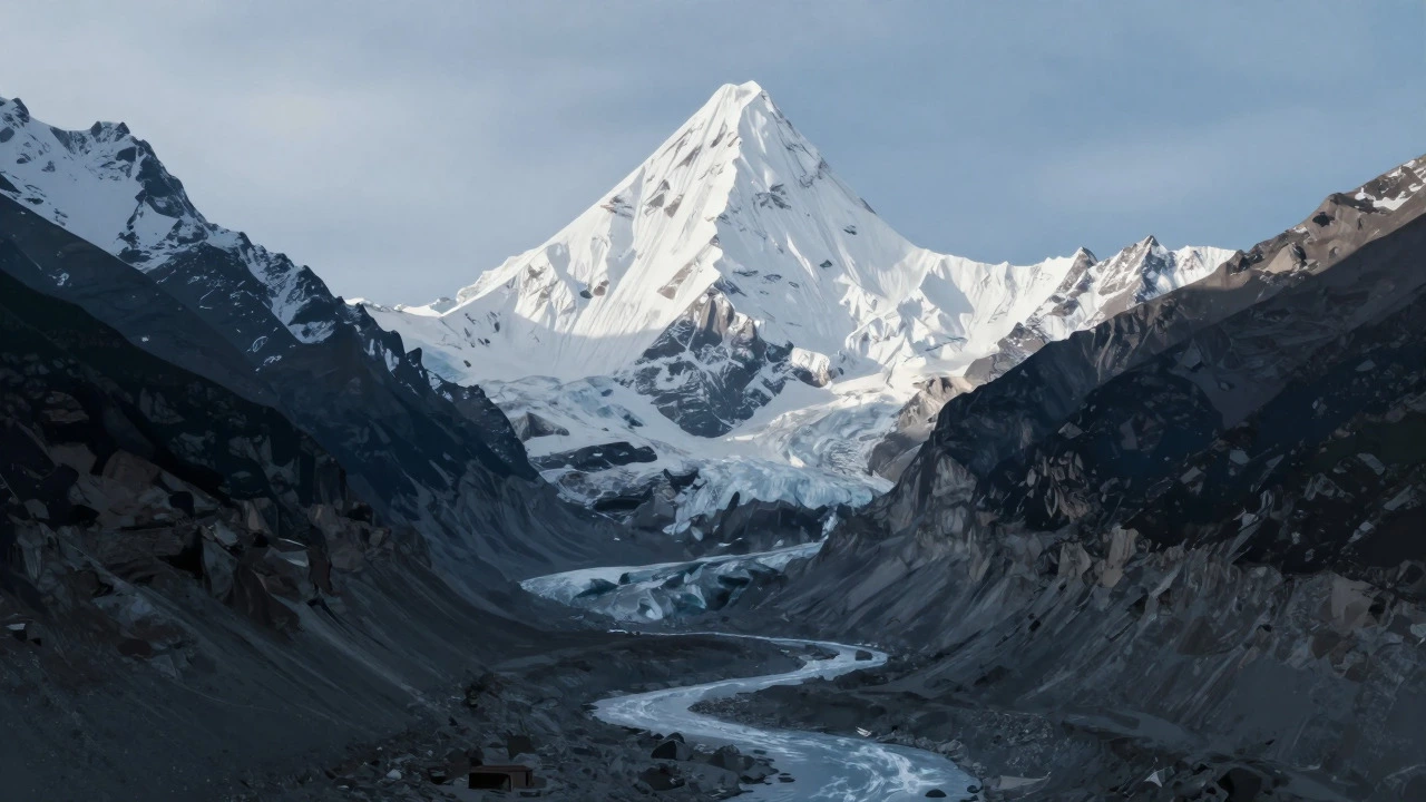 Symmetrical pyramidal shape of Nanda Devi rising above a glacial valley