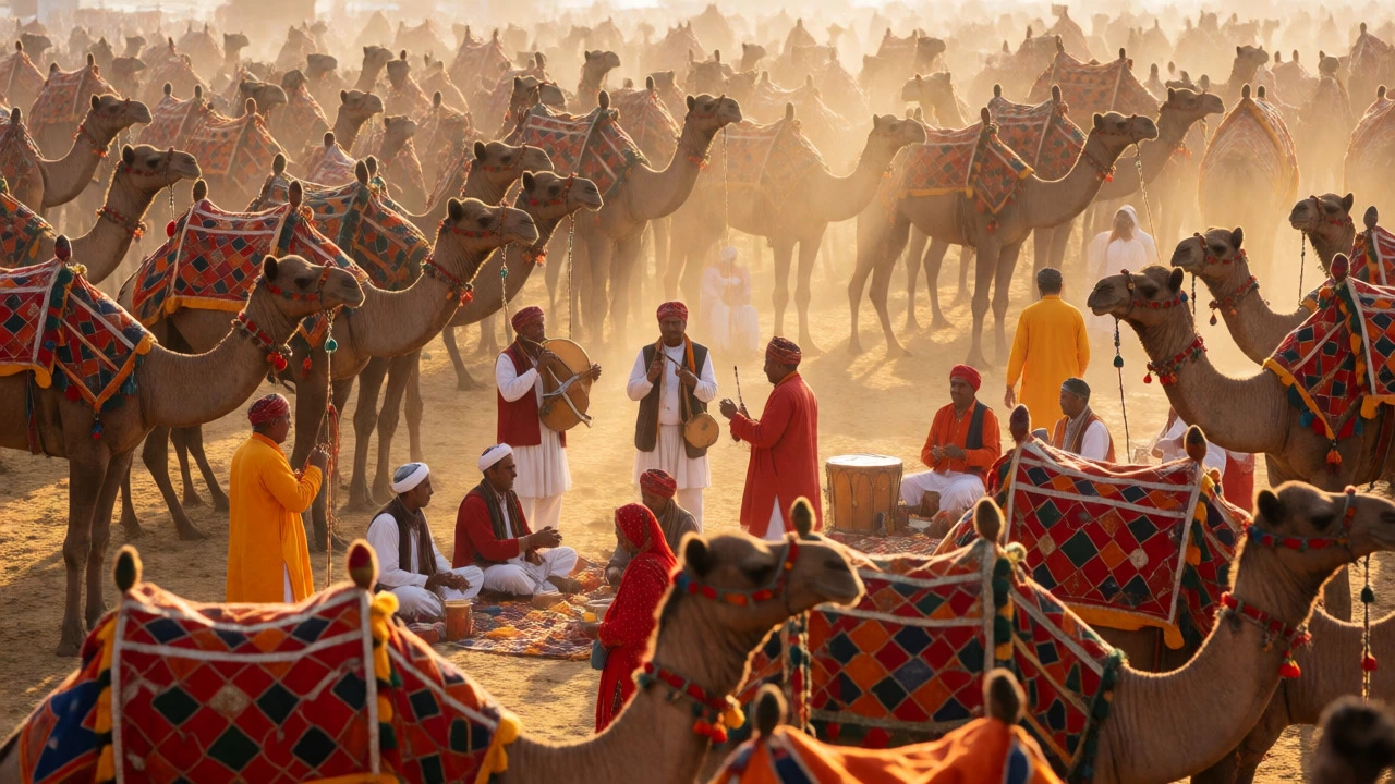 Colorful camels and musicians at the Pushkar Camel Fair in Rajasthan