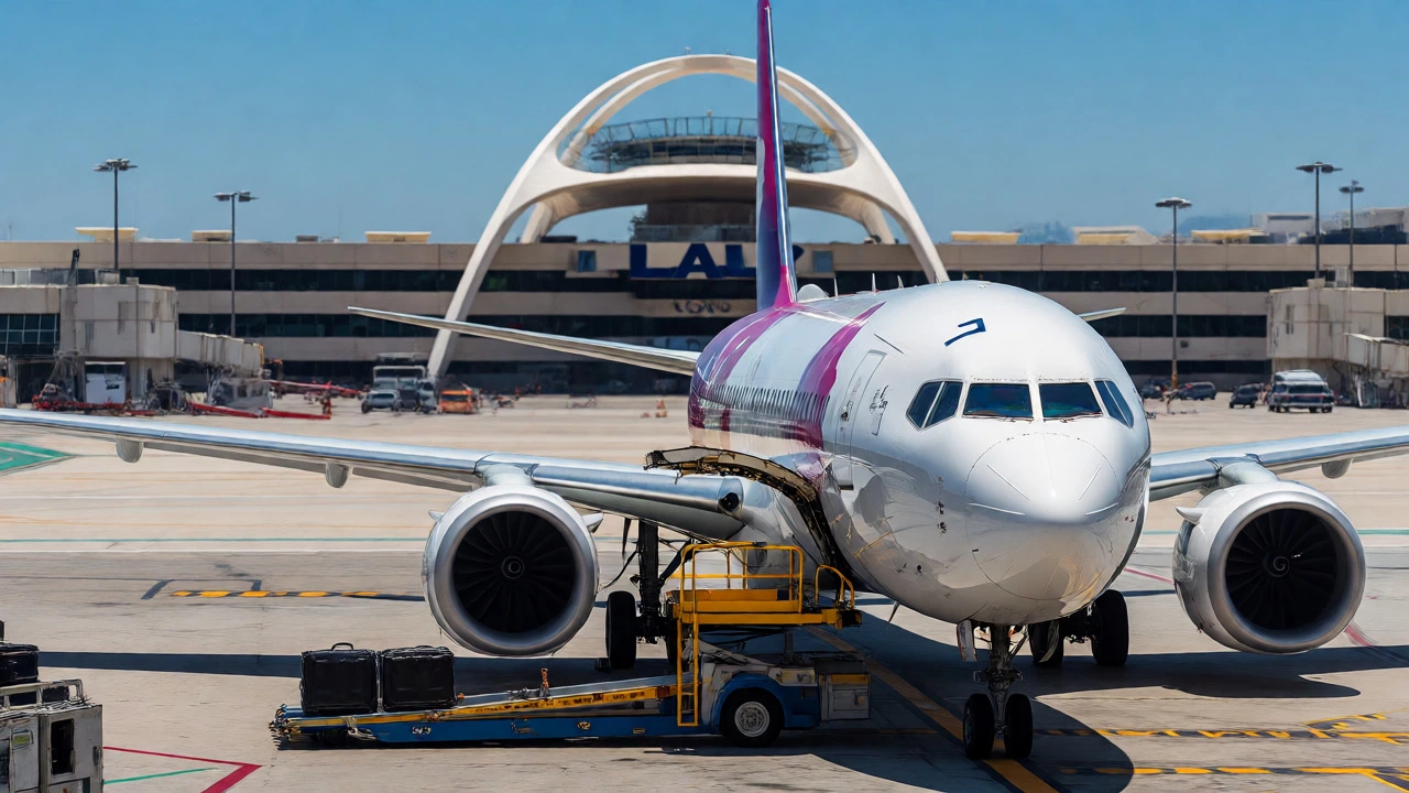 Commercial jet preparing for departure at LAX airport under bright sunny skies