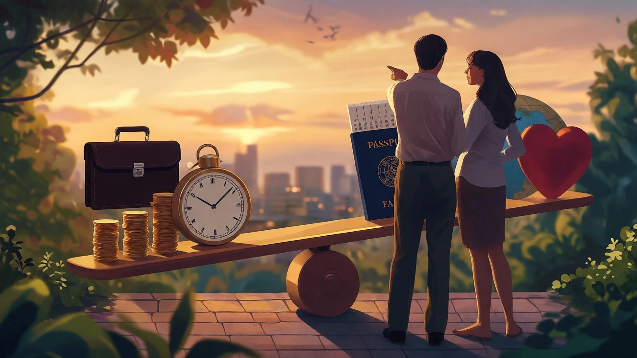 Conceptual image of scales balancing work obligations against romantic travel plans.