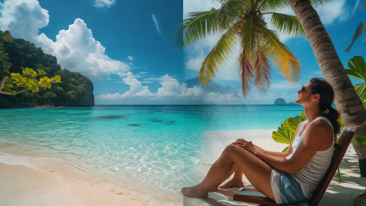 Couple relaxing on a pristine tropical beach with clear blue skies and calm waters.