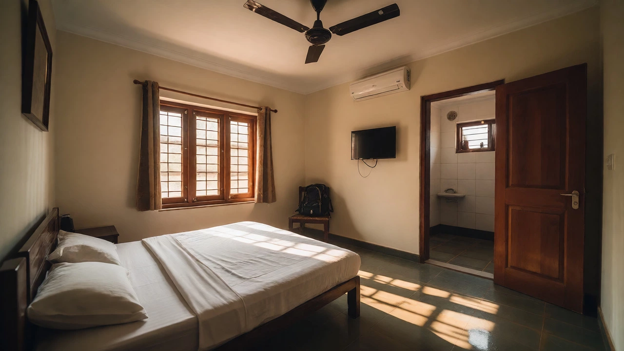 Simple guesthouse room with a bed and ceiling fan in a quiet Indian town.