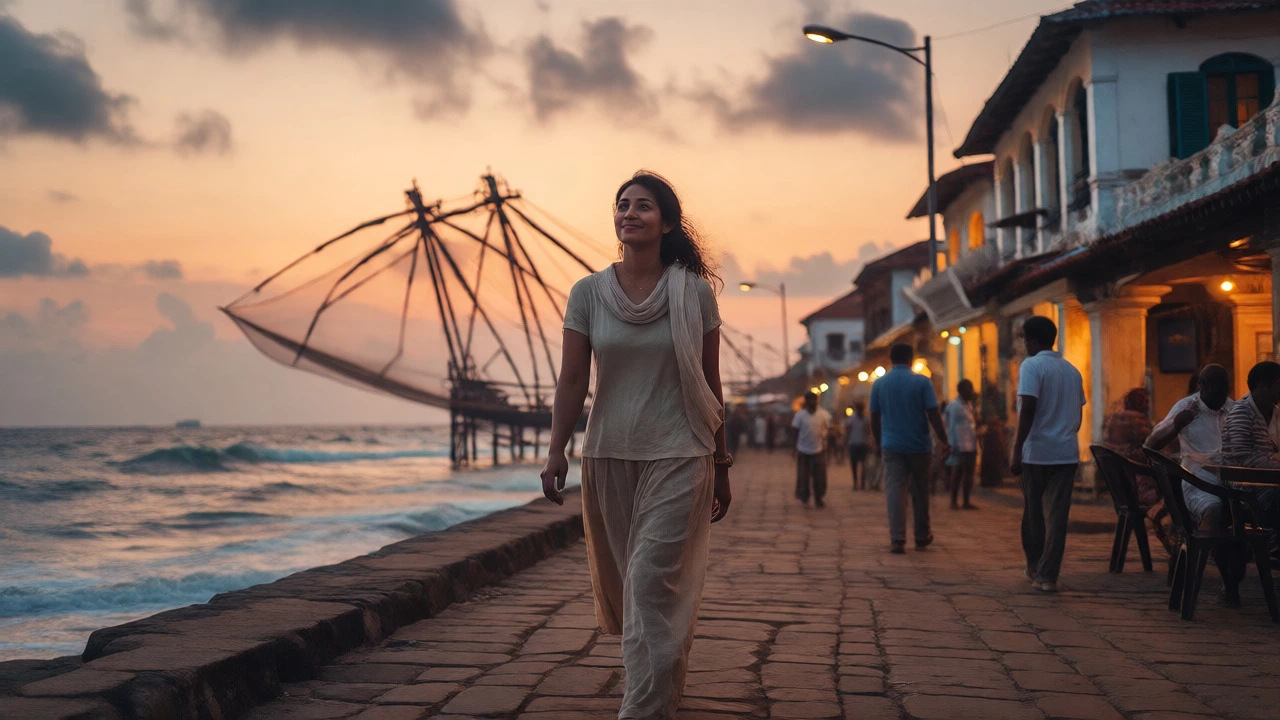 Solo female traveler walking safely along Kochi's scenic waterfront promenade at dusk.