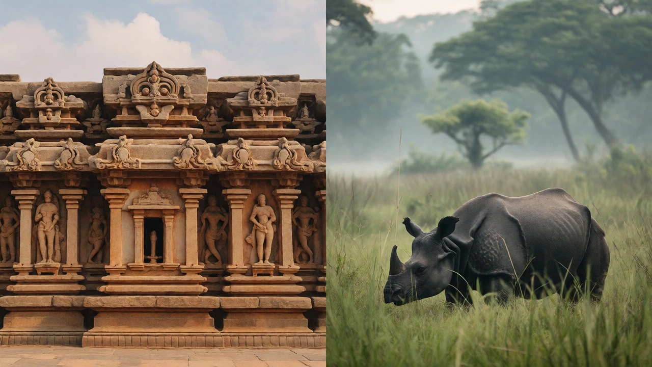 Split view of Hampi ruins and Kaziranga rhino