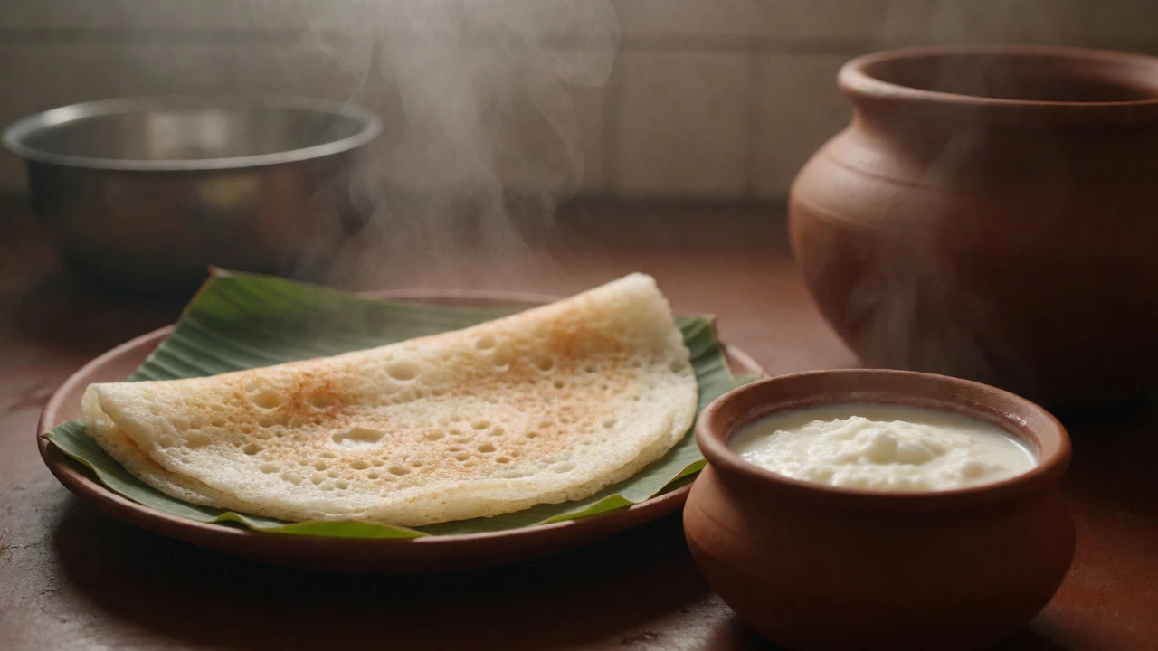 Steaming dosai and fresh yogurt served on a banana leaf