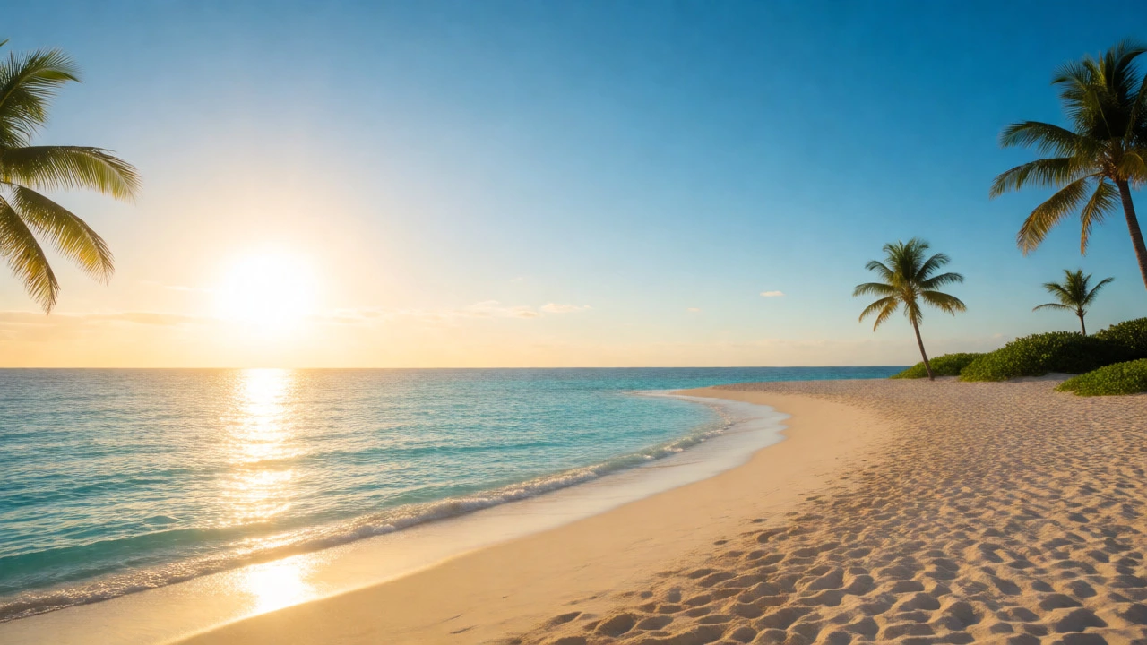Sunny turquoise beach in Bali with golden hour lighting and calm waves