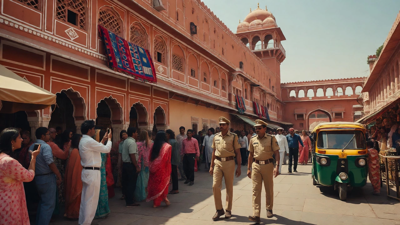 Tourists exploring Jaipur's pink city streets with visible police presence ensuring security.