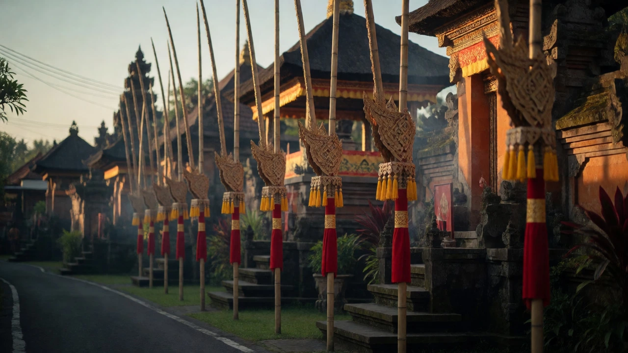 Traditional bamboo penjor poles decorating a Balinese street at dusk