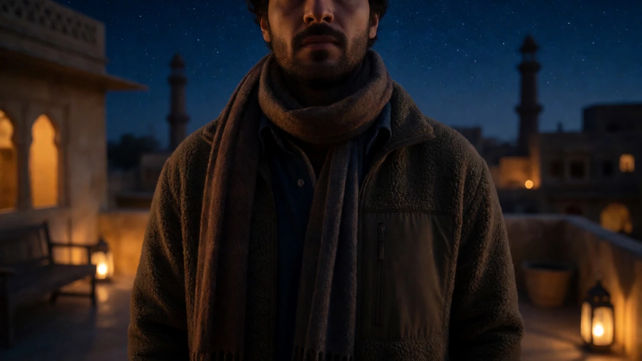 Traveler in winter layers on a Jaipur rooftop under starry night sky
