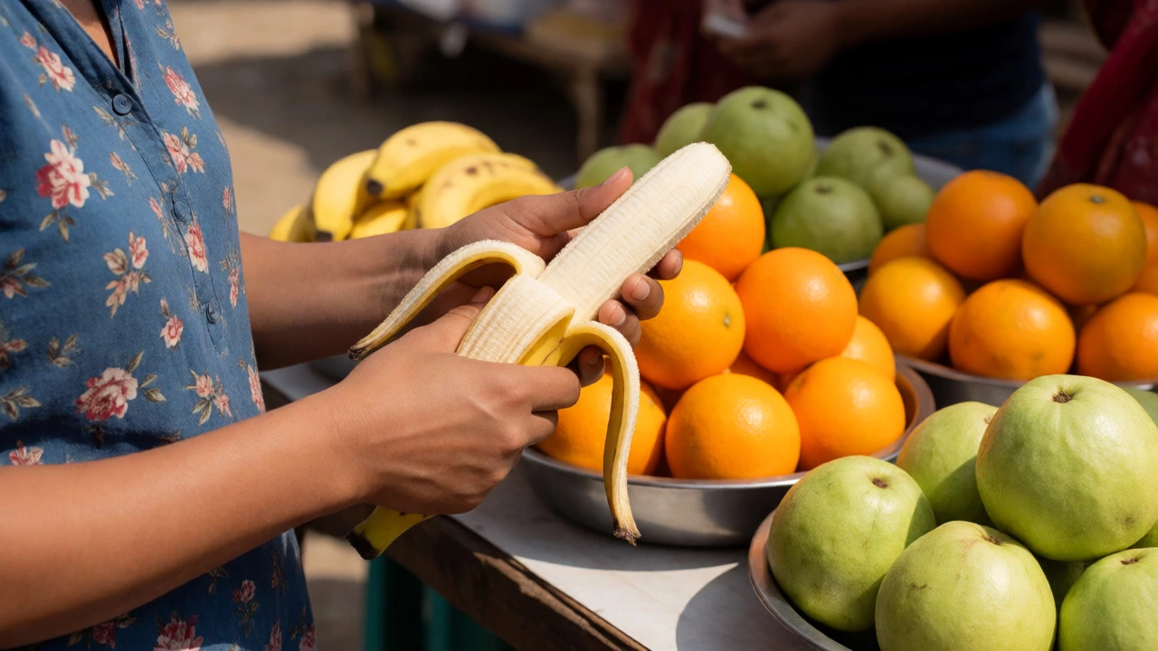 Traveler peeling a fresh banana at an outdoor market stand