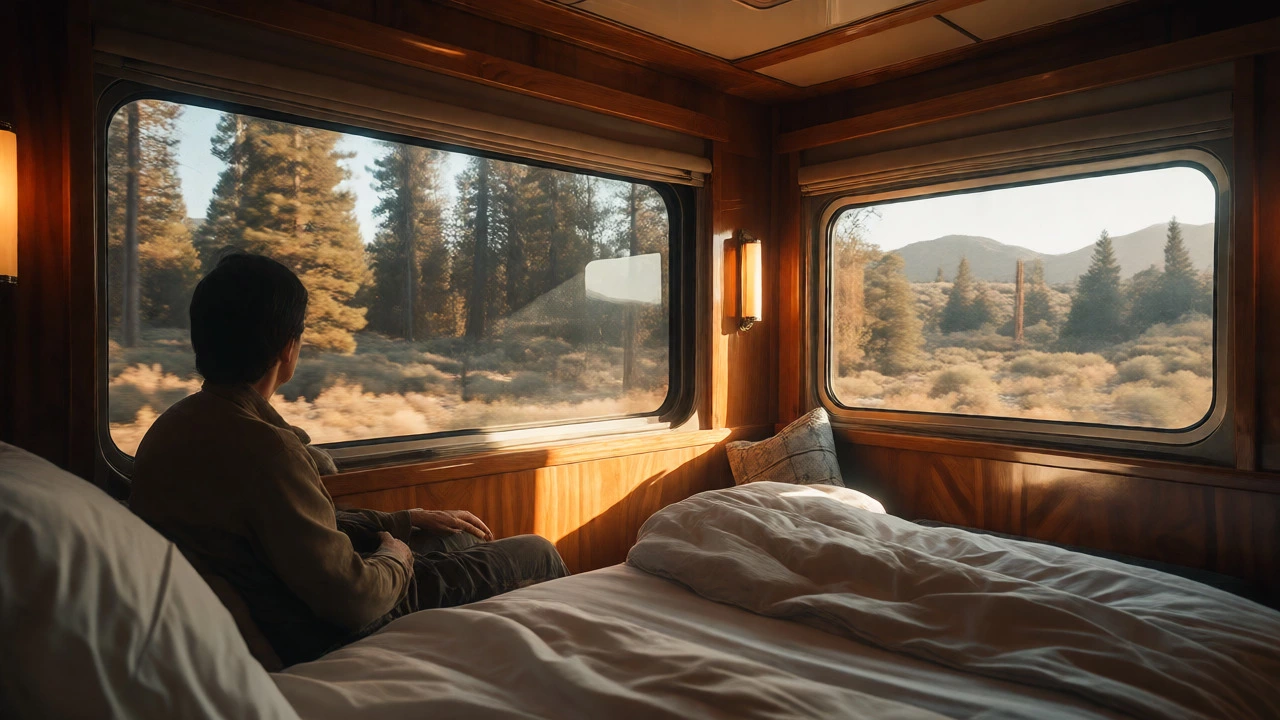 Traveler relaxing in luxury Amtrak bedroom car watching scenic landscape through window