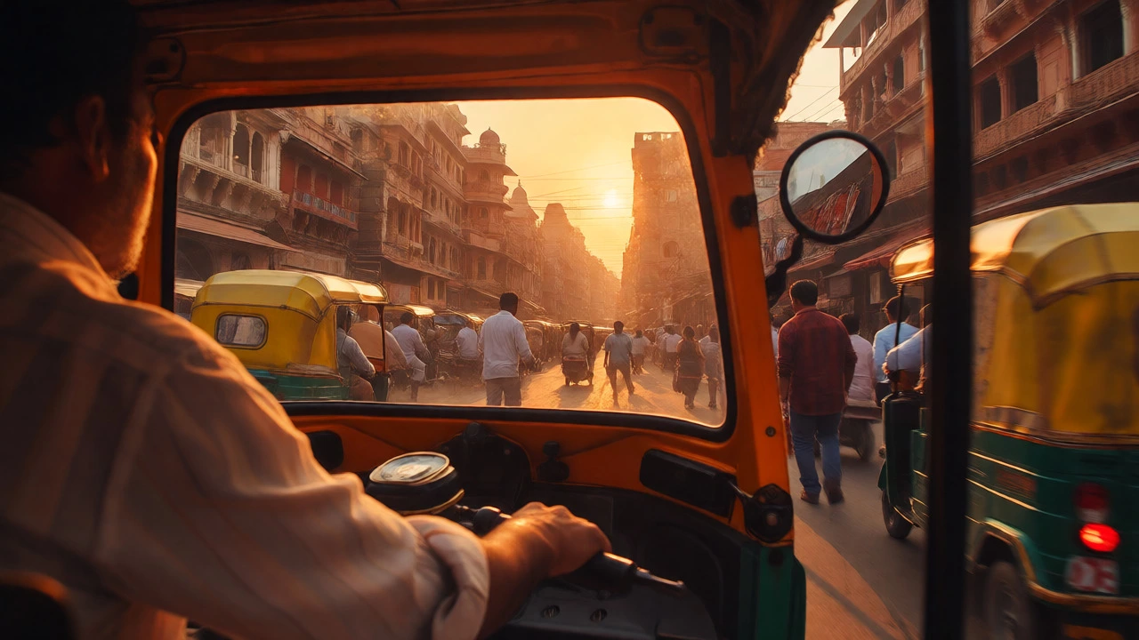 View from an auto-rickshaw navigating busy Indian streets during golden hour.