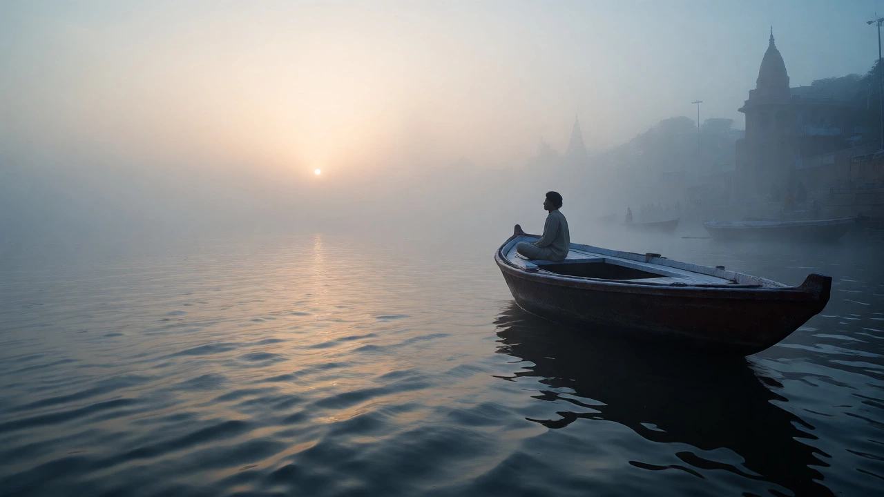 A traveler meditates on a boat in the misty Ganges River at sunrise.