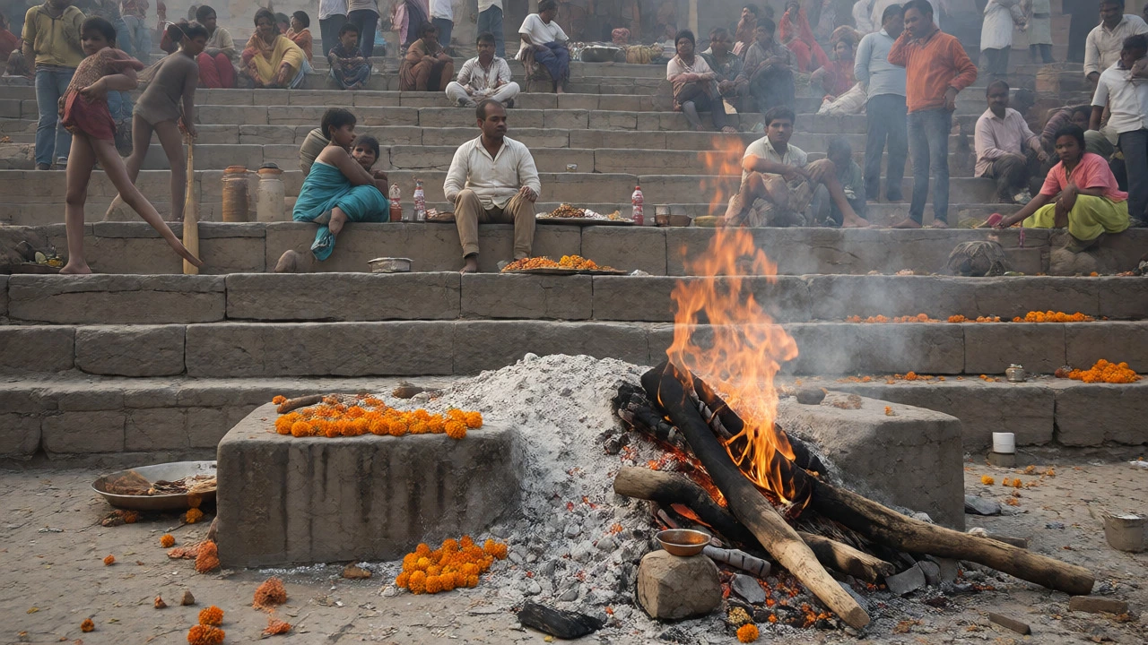 Children playing cricket near burning funeral pyres at Manikarnika Ghat.
