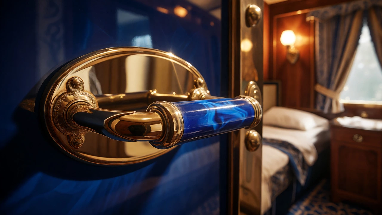 Close-up of brass details and vintage aesthetics inside an Orient Express cabin.