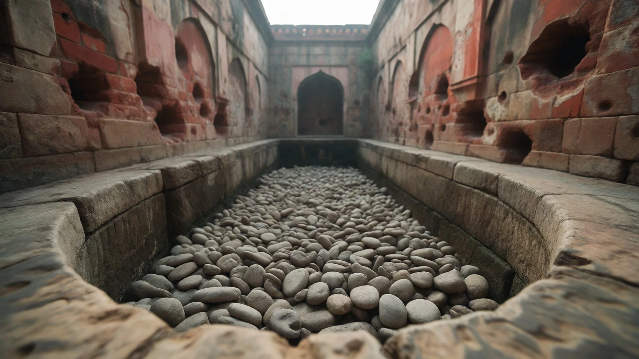 Close-up of the Martyrs' Well filled with stones at Jallianwala Bagh memorial