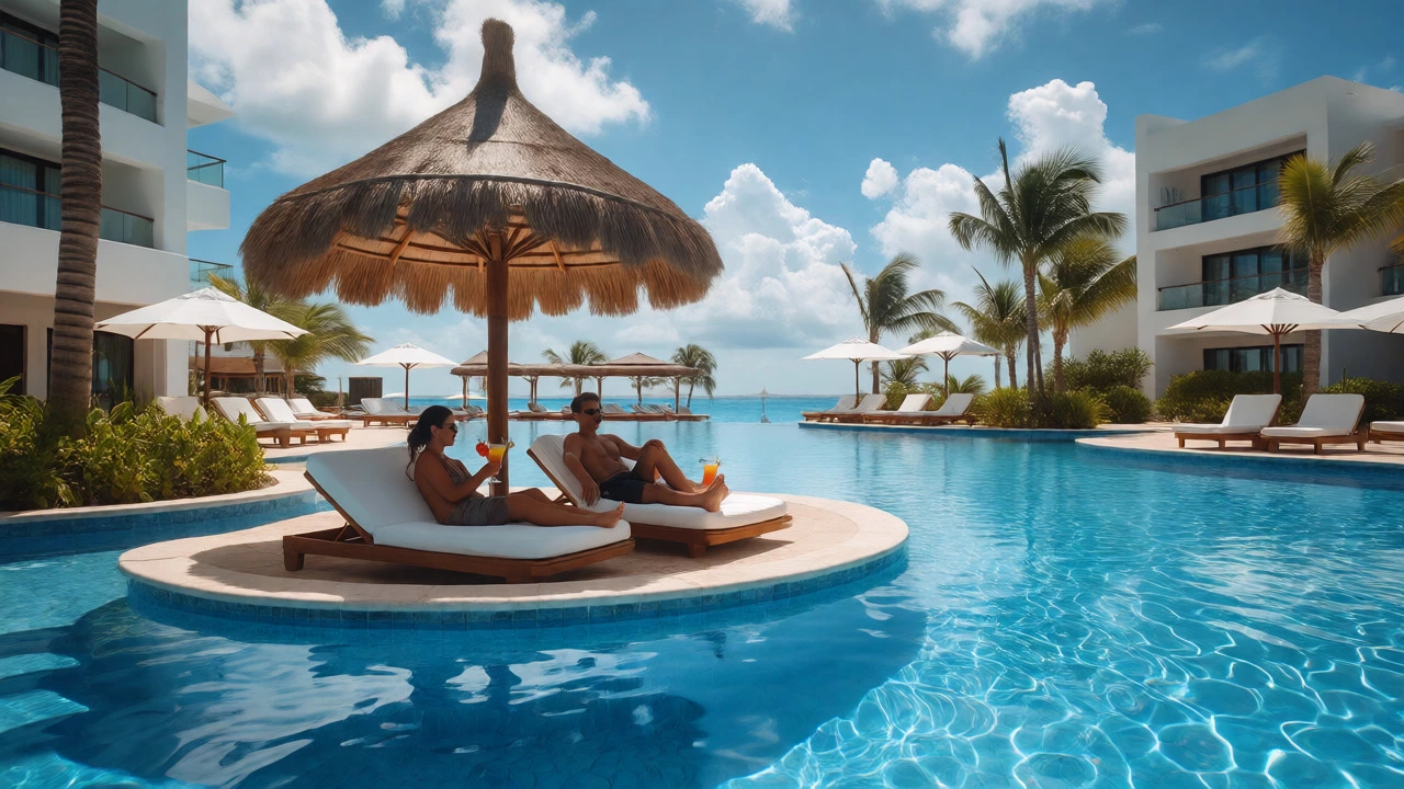 Couple relaxing by a luxury resort pool in Mexico