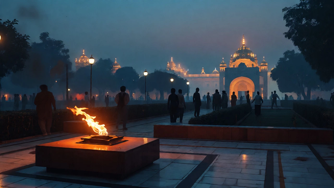 Eternal flame and bullet-scarred walls at Jallianwala Bagh during twilight
