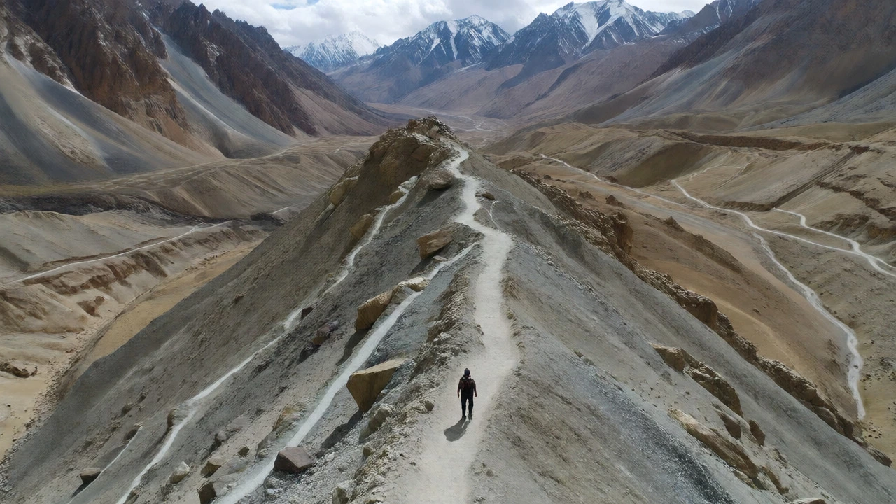 Lone hiker on high-altitude Spiti Valley trail