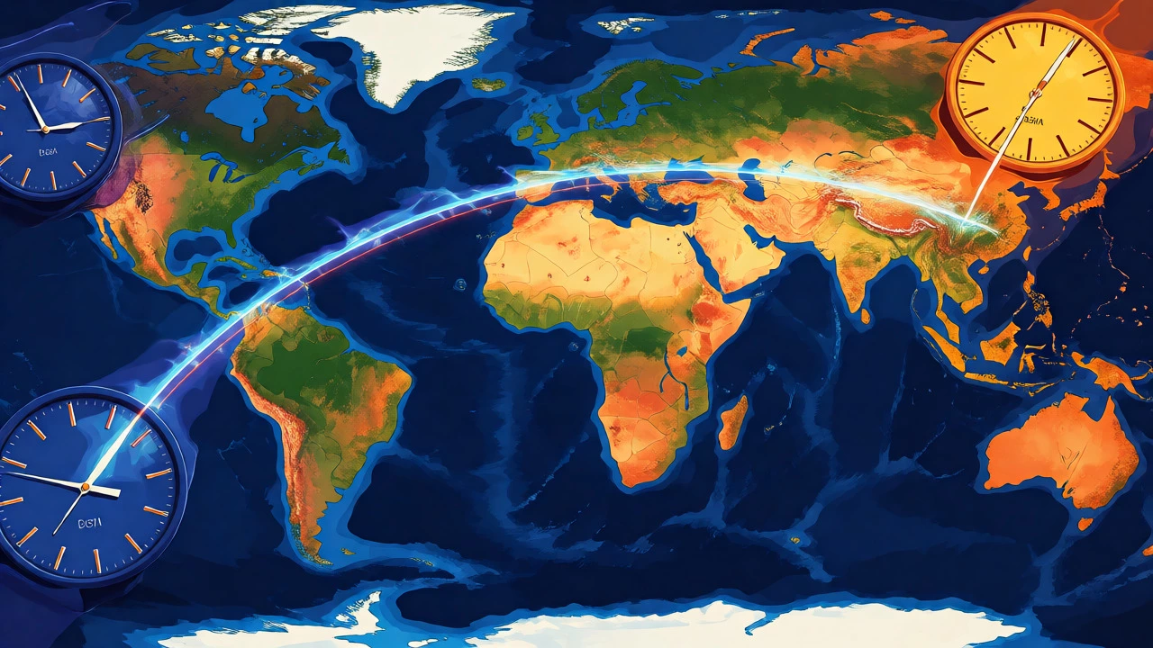 Surreal illustration of time zones between USA and India