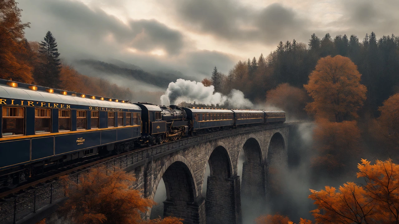 The blue and gold Orient Express train traveling through a misty European forest.